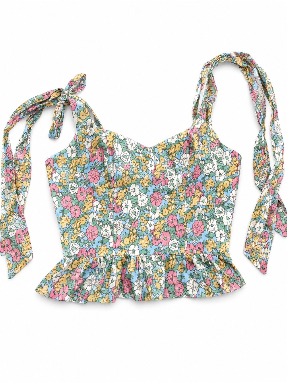 entro Pastel Floral Tie-Shoulder Crop Top - Pink, Yellow, Green, Blue, White